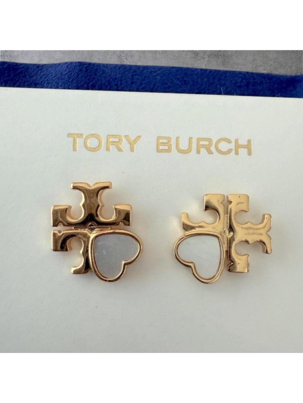 Tory Burch Gold & Mother of Pearl Logo Stud Earrings – New With Tags